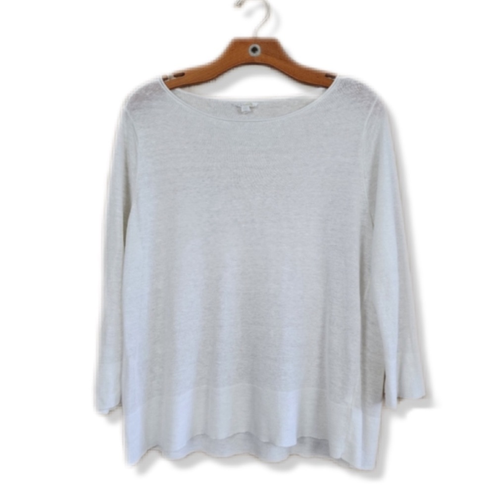 Eileen Fisher Linen Blend White Italian Yarn Lightweight Knit Scoop Neck Blouse